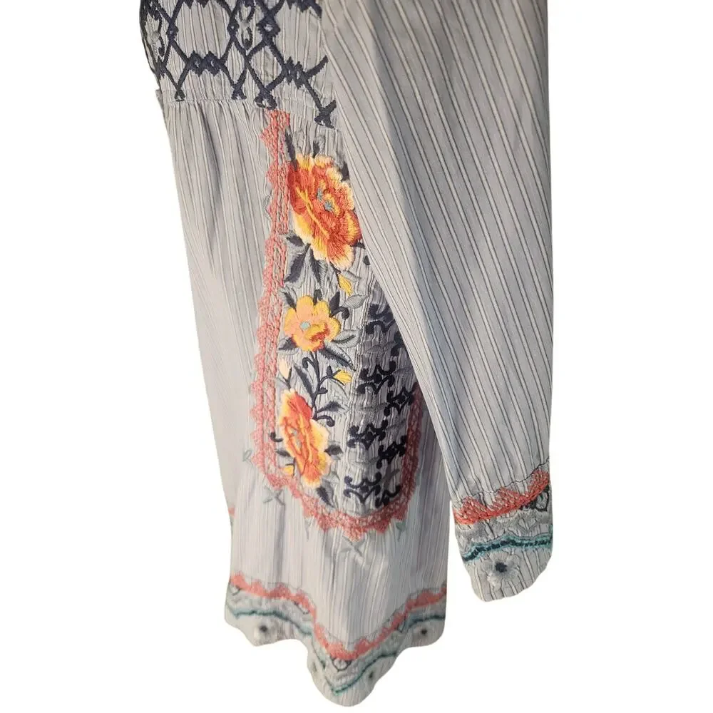 Johnny Was Blue Embroidered Floral Striped Open Top Sz S Tie Front 3/4 Sleeves - Picture 4 of 8